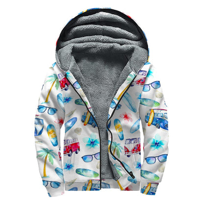 Watercolor Surfing Pattern Print Sherpa Lined Zip Up Hoodie