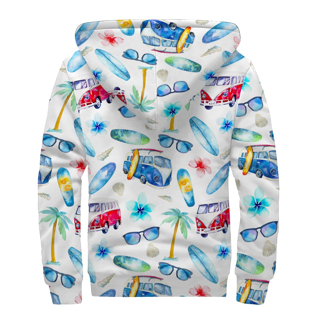 Watercolor Surfing Pattern Print Sherpa Lined Zip Up Hoodie