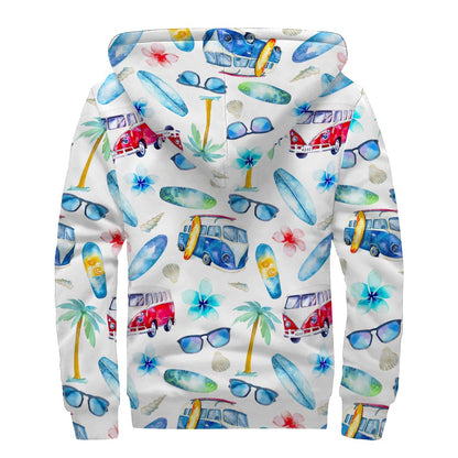 Watercolor Surfing Pattern Print Sherpa Lined Zip Up Hoodie