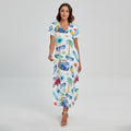 Watercolor Surfing Pattern Print Short Sleeve Maxi Dress