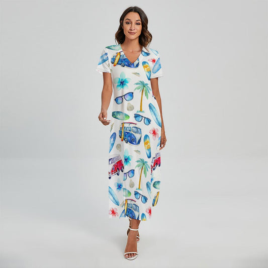 Watercolor Surfing Pattern Print Short Sleeve Maxi Dress