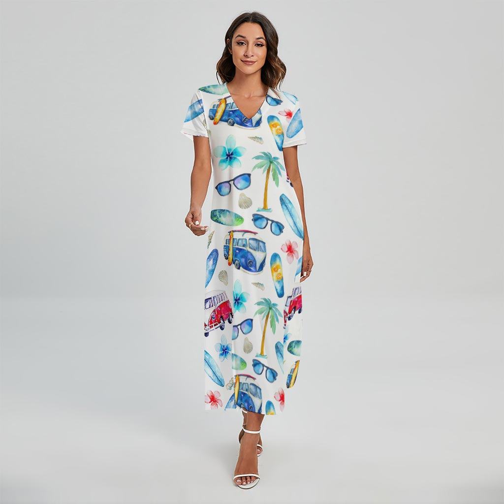 Watercolor Surfing Pattern Print Short Sleeve Maxi Dress