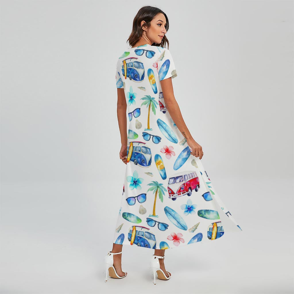 Watercolor Surfing Pattern Print Short Sleeve Maxi Dress