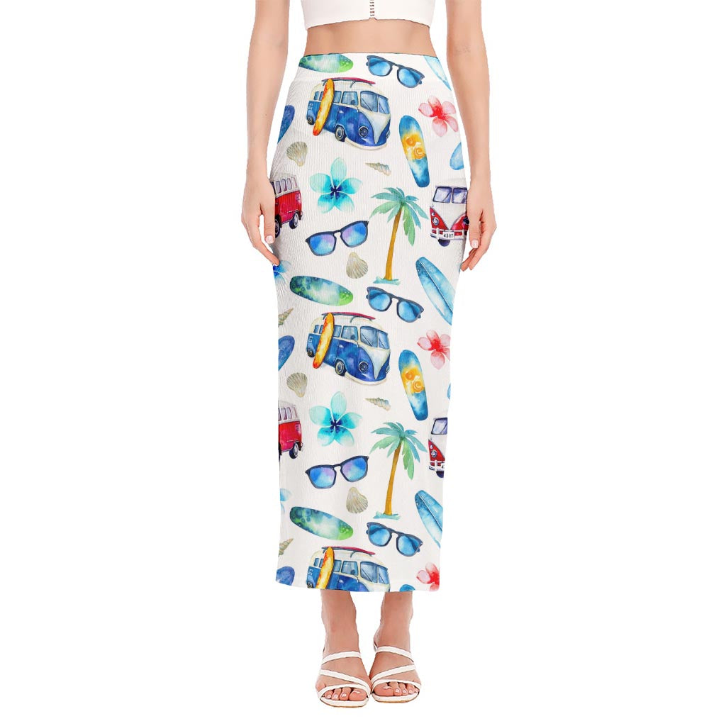 Watercolor Surfing Pattern Print Side Slit Maxi Skirt