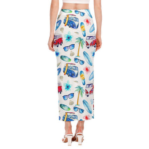 Watercolor Surfing Pattern Print Side Slit Maxi Skirt