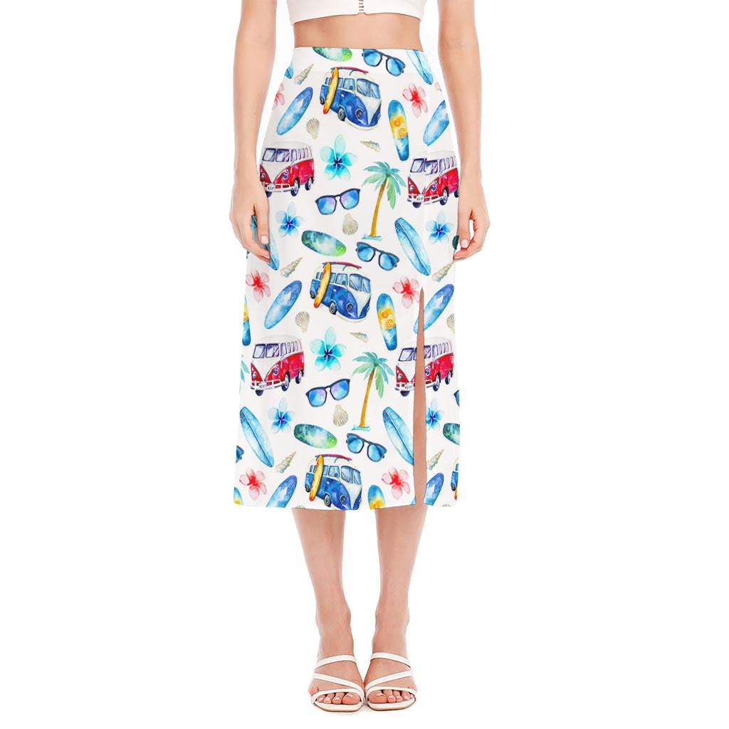 Watercolor Surfing Pattern Print Side Slit Midi Skirt