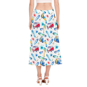 Watercolor Surfing Pattern Print Side Slit Midi Skirt