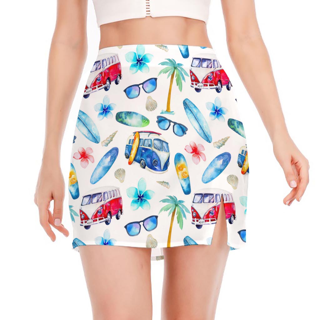 Watercolor Surfing Pattern Print Side Slit Mini Skirt