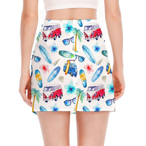 Watercolor Surfing Pattern Print Side Slit Mini Skirt