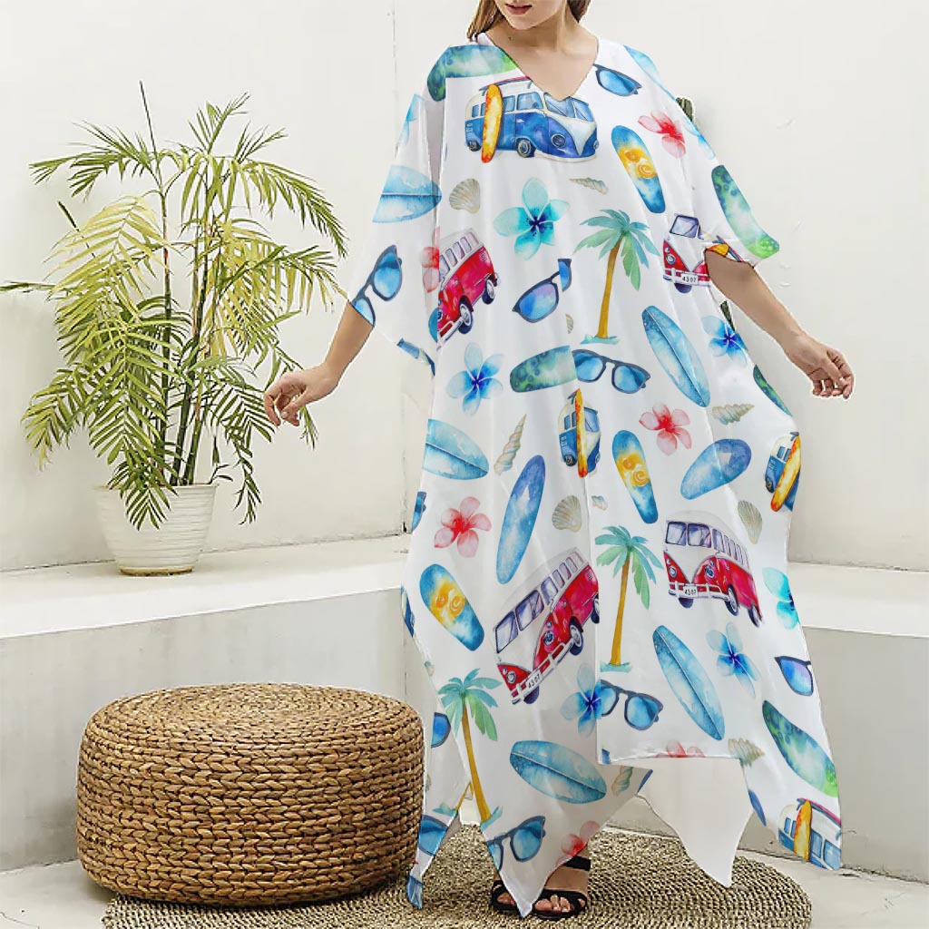 Watercolor Surfing Pattern Print Silk V-Neck Kaftan Dress