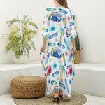 Watercolor Surfing Pattern Print Silk V-Neck Kaftan Dress