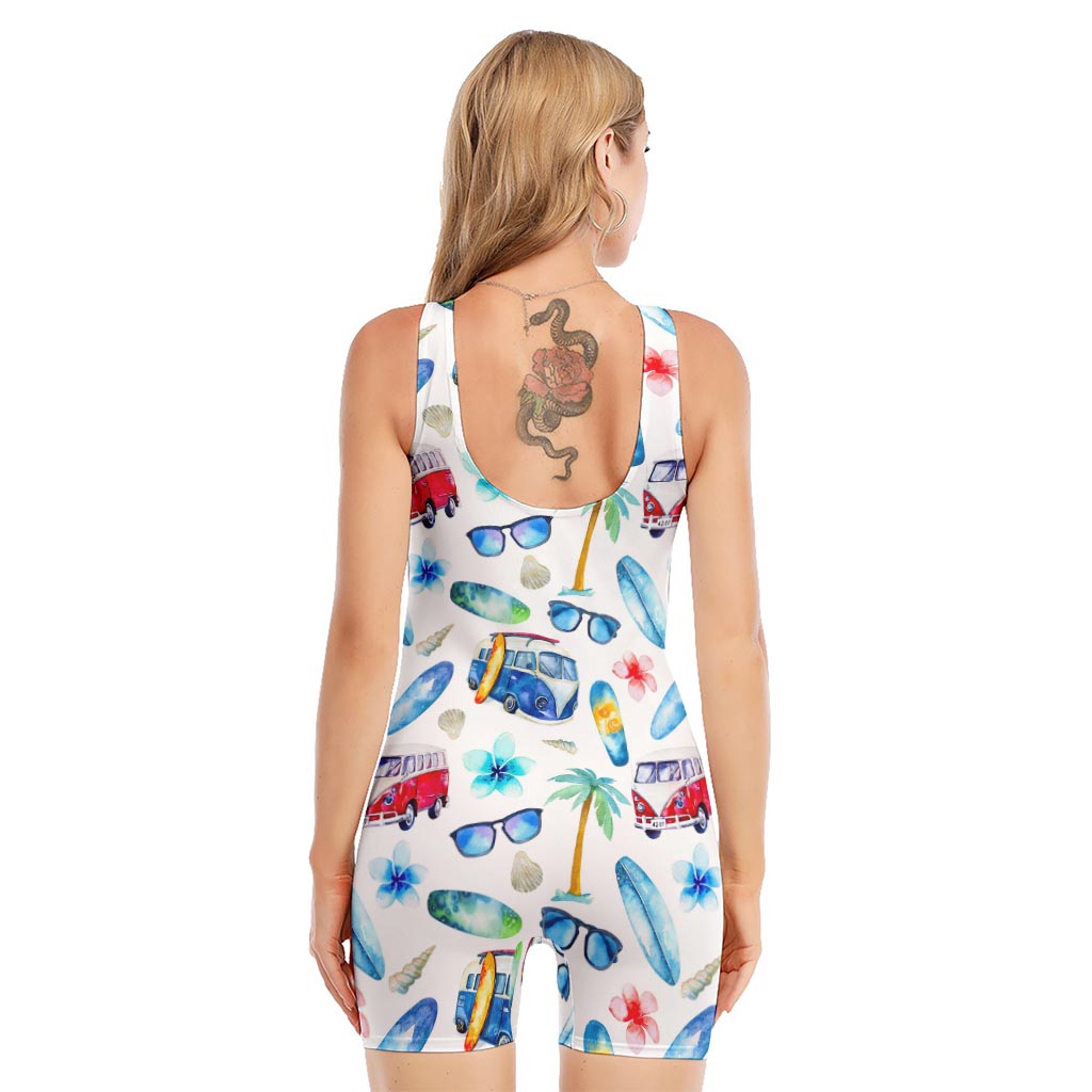 Watercolor Surfing Pattern Print Sleeveless One Piece Swimsuit