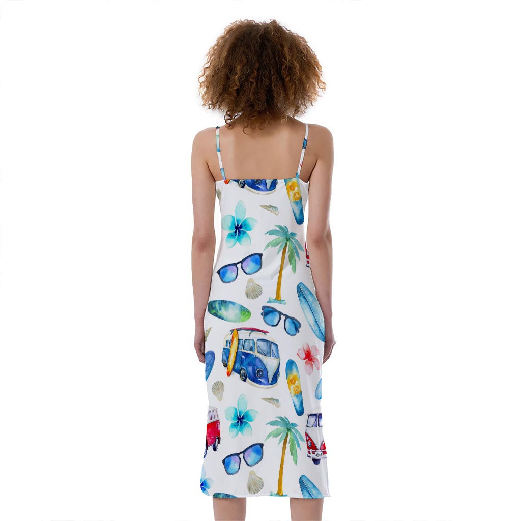 Watercolor Surfing Pattern Print Slim Fit Midi Cami Dress