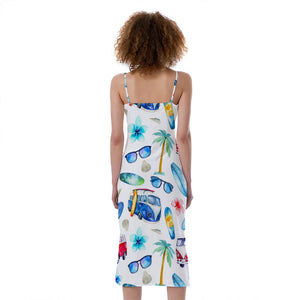 Watercolor Surfing Pattern Print Slim Fit Midi Cami Dress