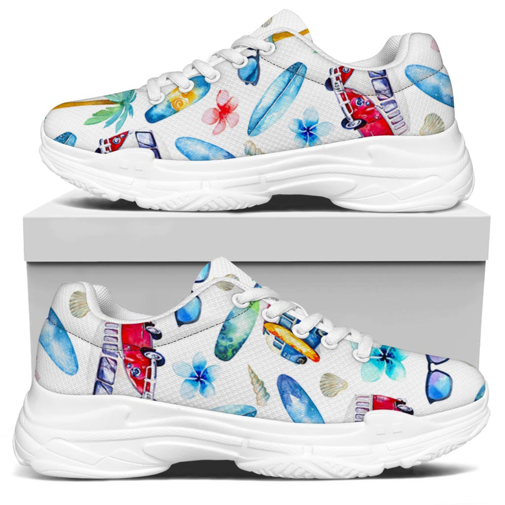 Watercolor Surfing Pattern Print White Chunky Shoes