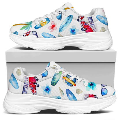 Watercolor Surfing Pattern Print White Chunky Shoes