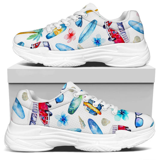 Watercolor Surfing Pattern Print White Chunky Shoes
