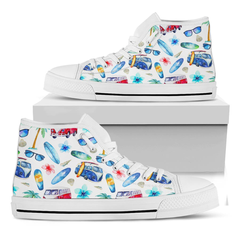 Watercolor Surfing Pattern Print White High Top Sneakers