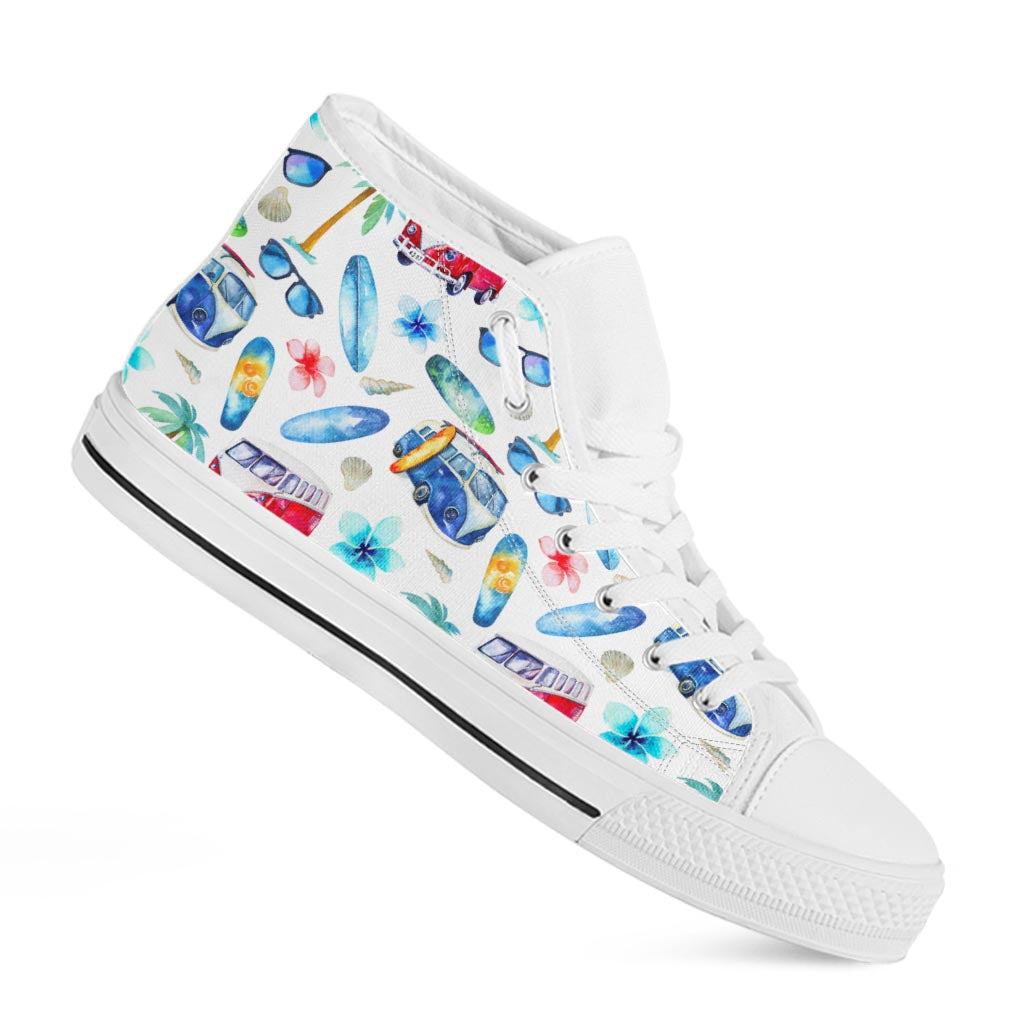 Watercolor Surfing Pattern Print White High Top Sneakers