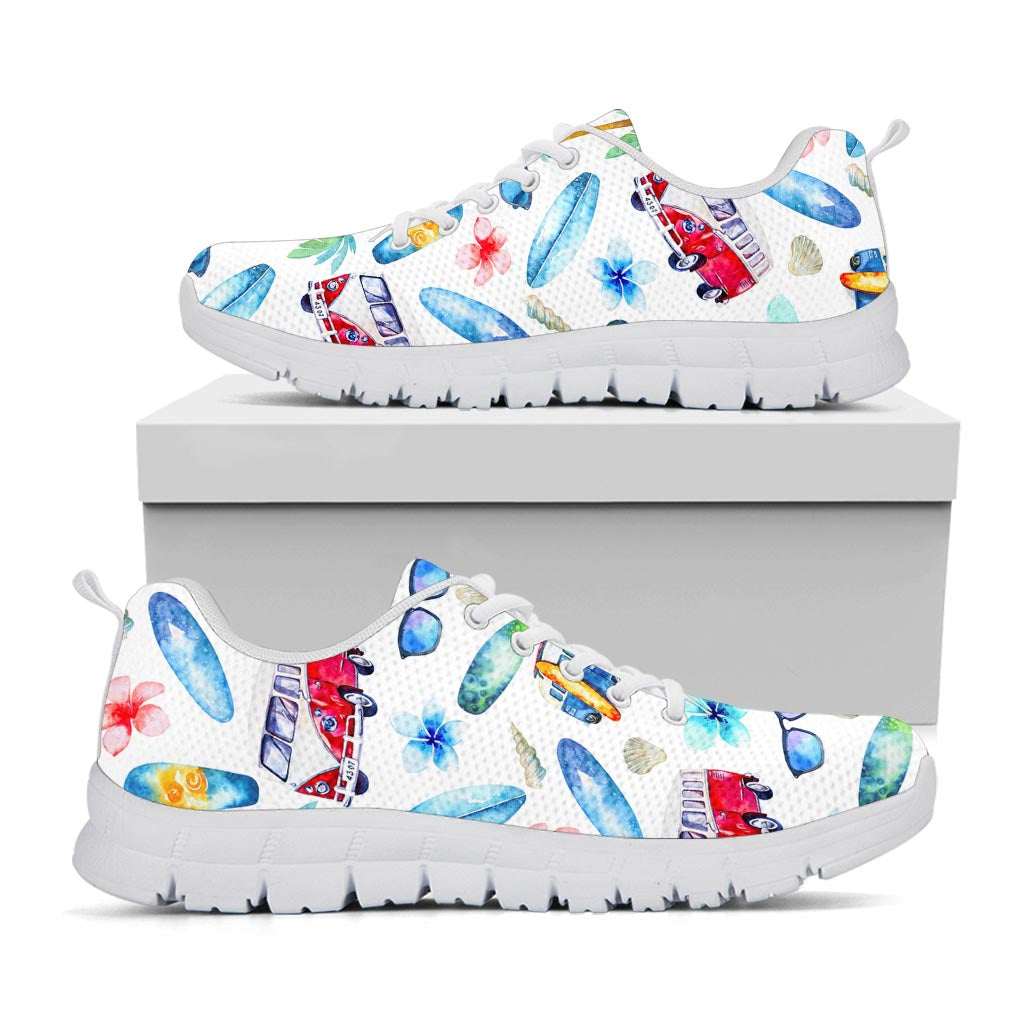 Watercolor Surfing Pattern Print White Running Shoes