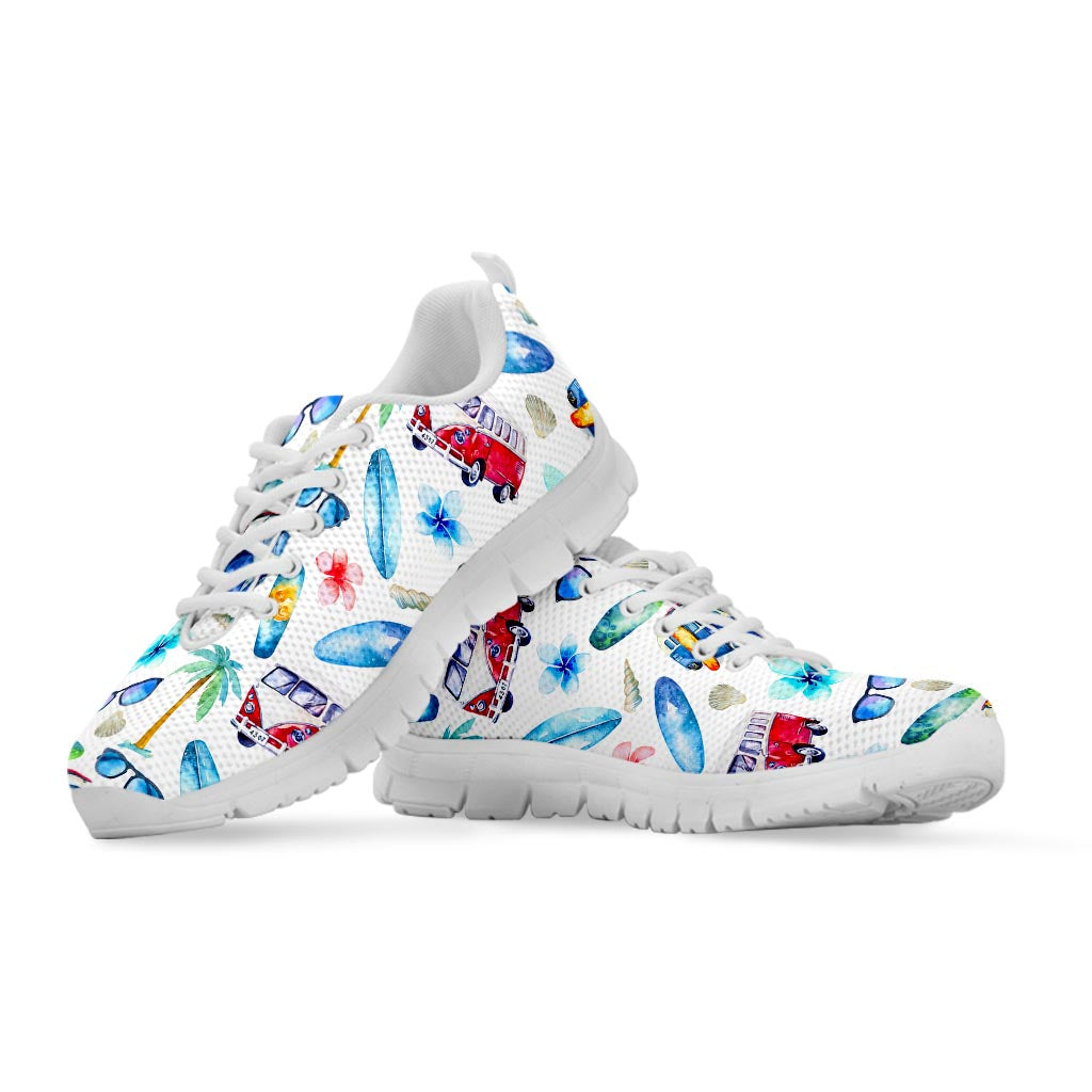 Watercolor Surfing Pattern Print White Running Shoes
