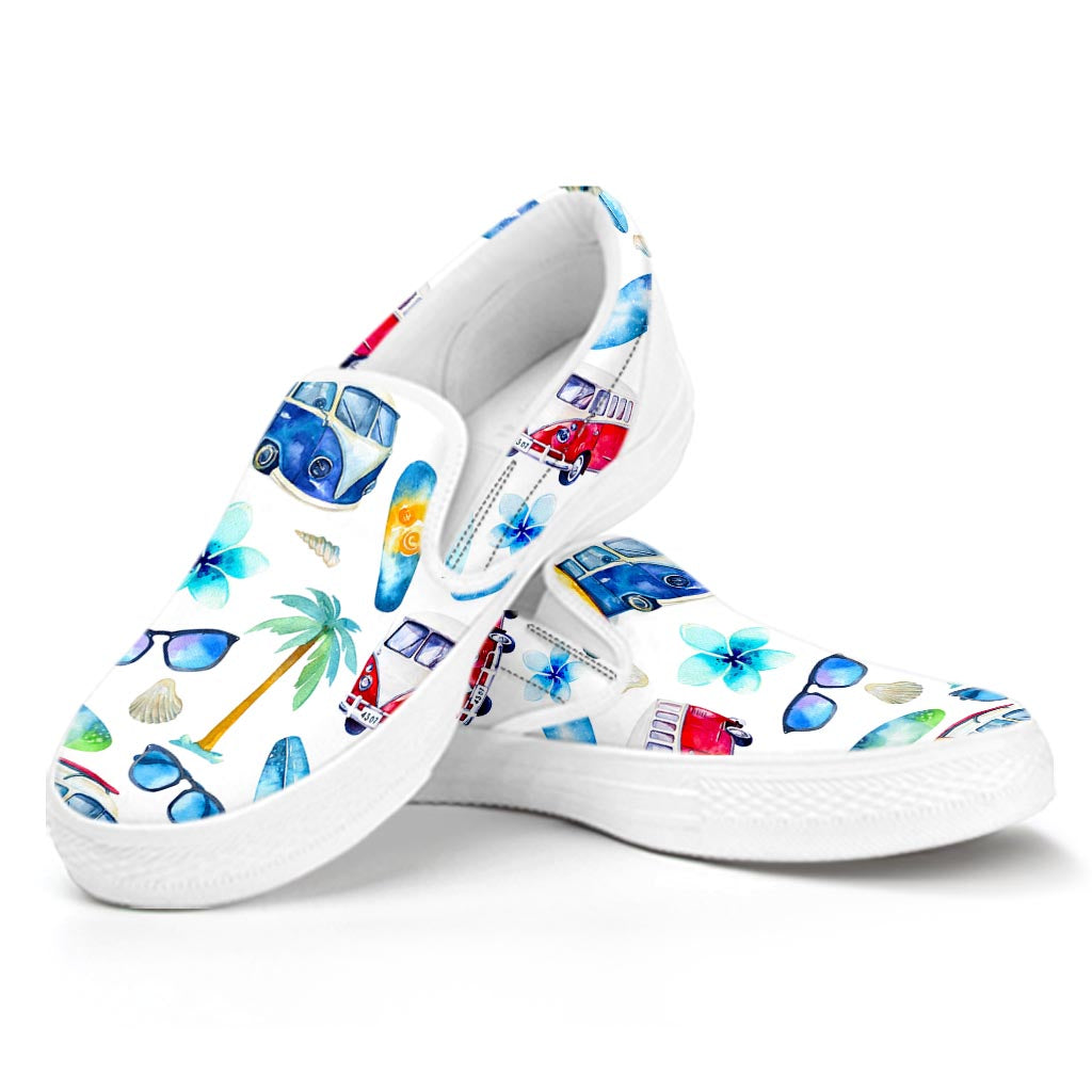 Watercolor Surfing Pattern Print White Slip On Sneakers