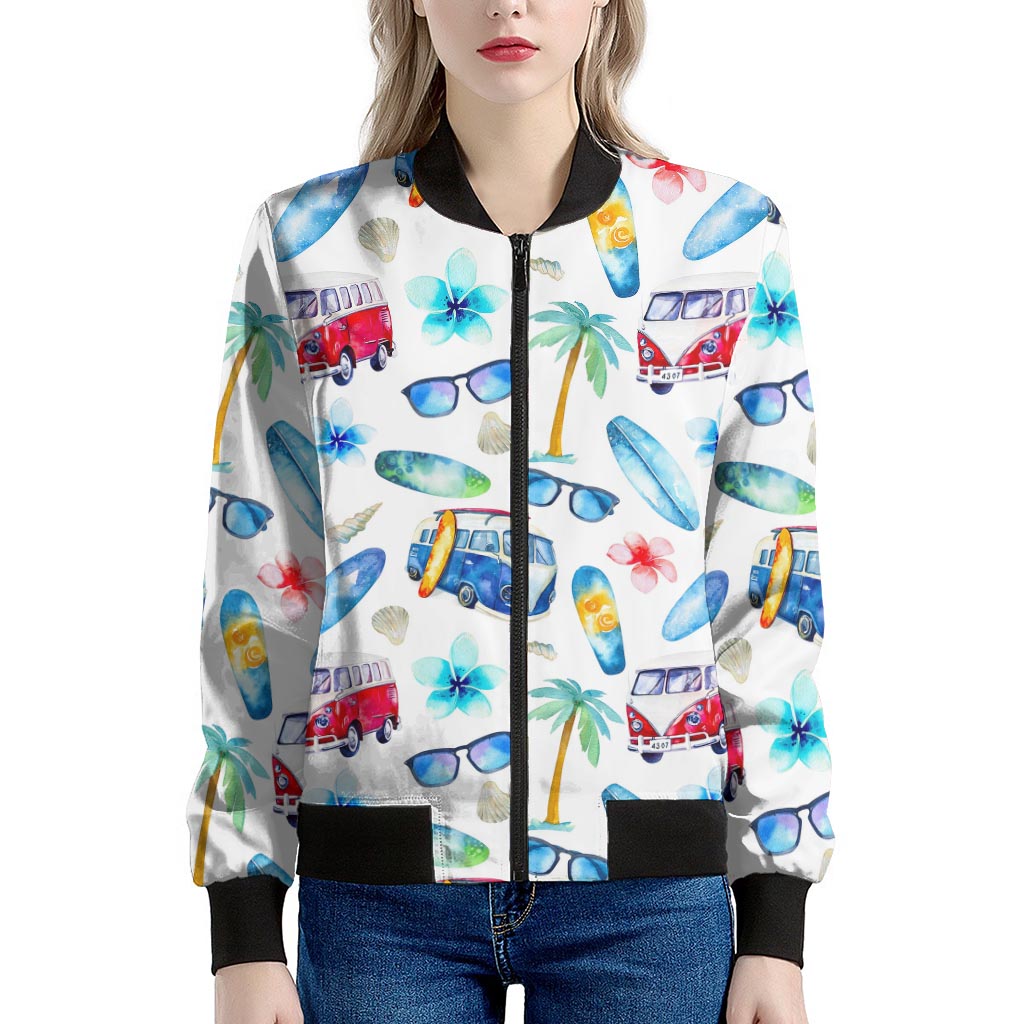 Watercolor Surfing Pattern Print Women's Bomber Jacket