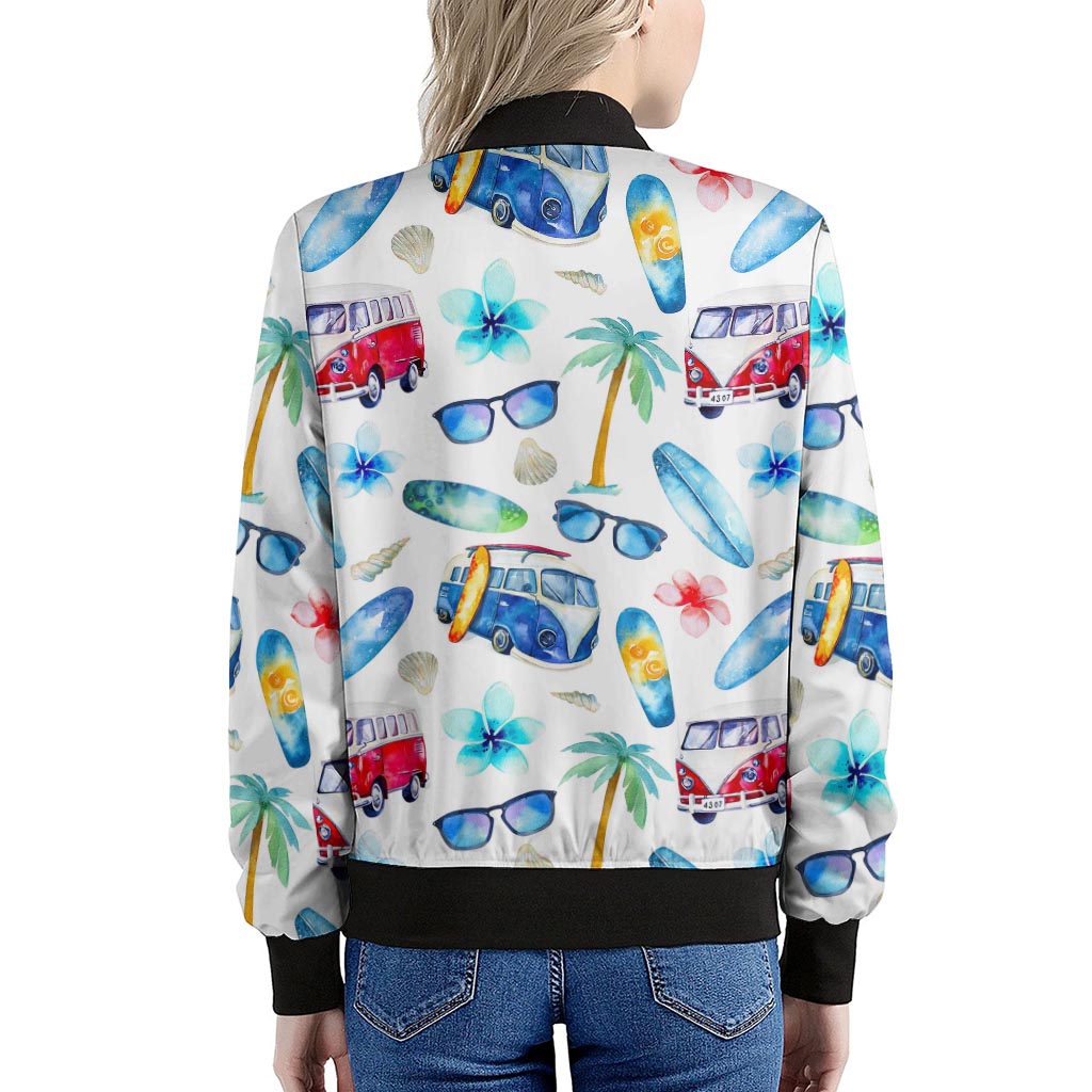 Watercolor Surfing Pattern Print Women's Bomber Jacket