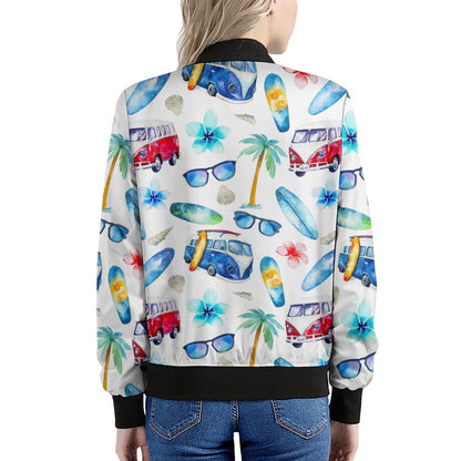 Watercolor Surfing Pattern Print Women's Bomber Jacket