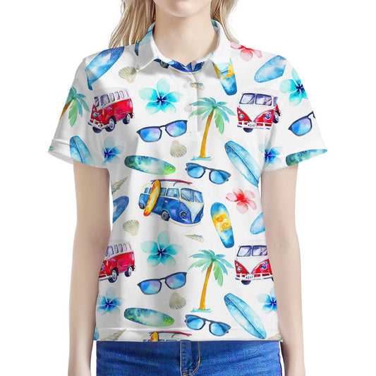 Watercolor Surfing Pattern Print Women's Polo Shirt