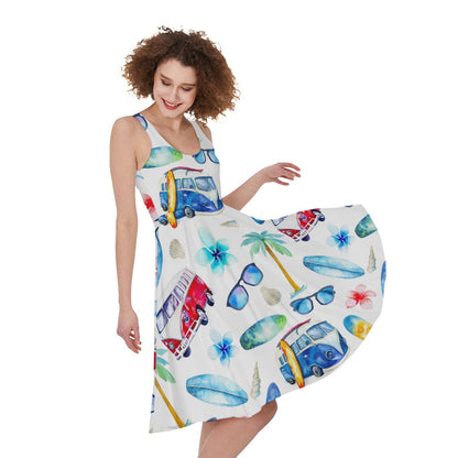 Watercolor Surfing Pattern Print Women's Sleeveless Dress