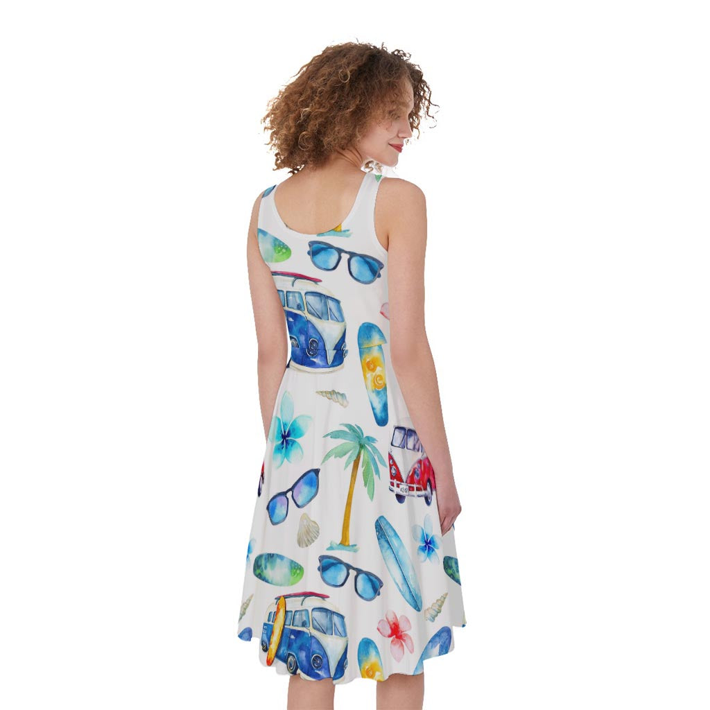 Watercolor Surfing Pattern Print Women's Sleeveless Dress