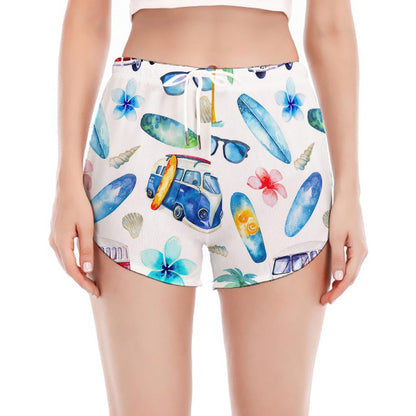 Watercolor Surfing Pattern Print Women's Split Running Shorts