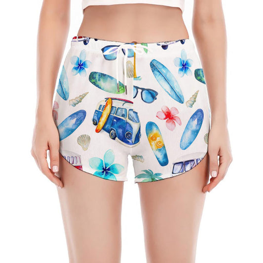 Watercolor Surfing Pattern Print Women's Split Running Shorts
