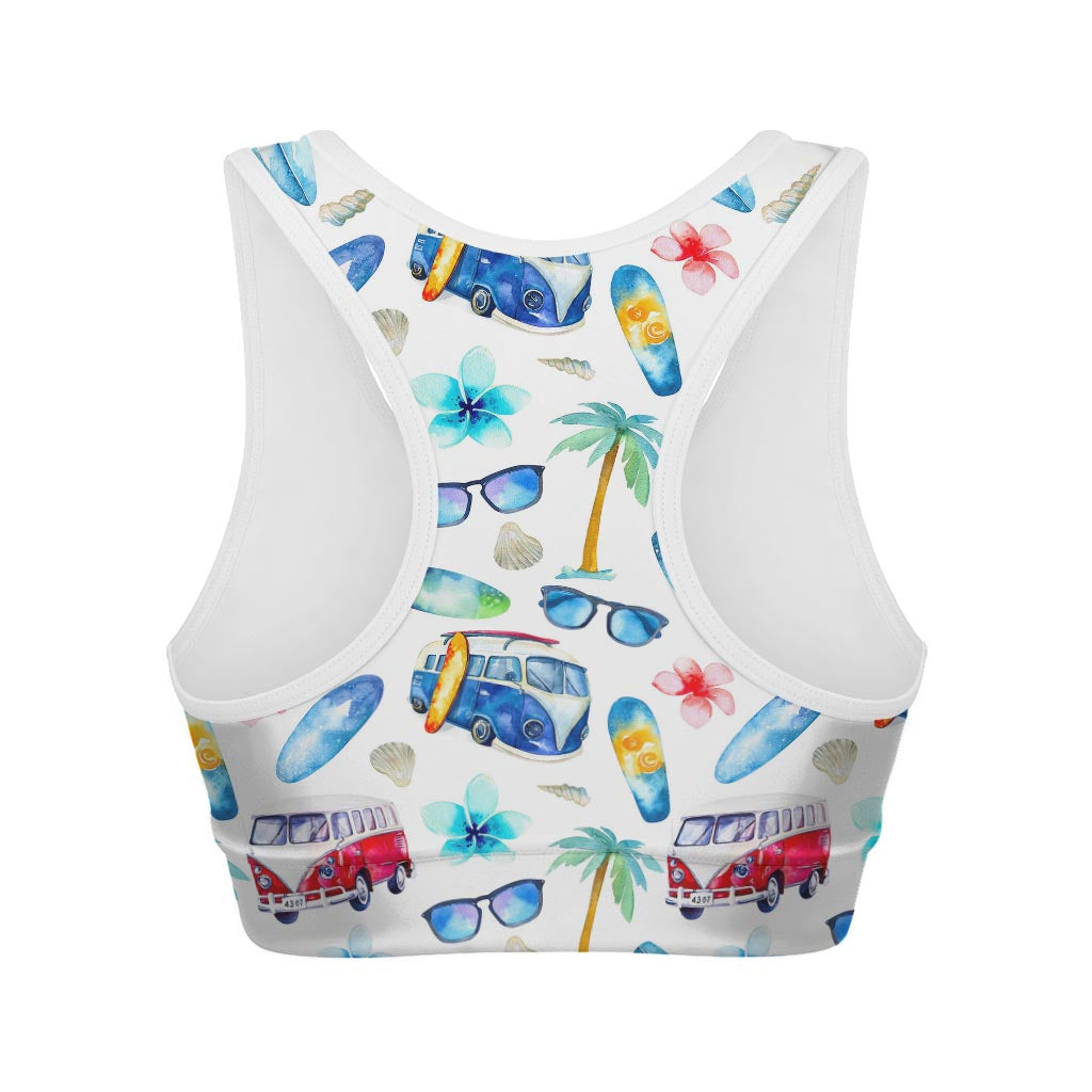 Watercolor Surfing Pattern Print Women's Sports Bra