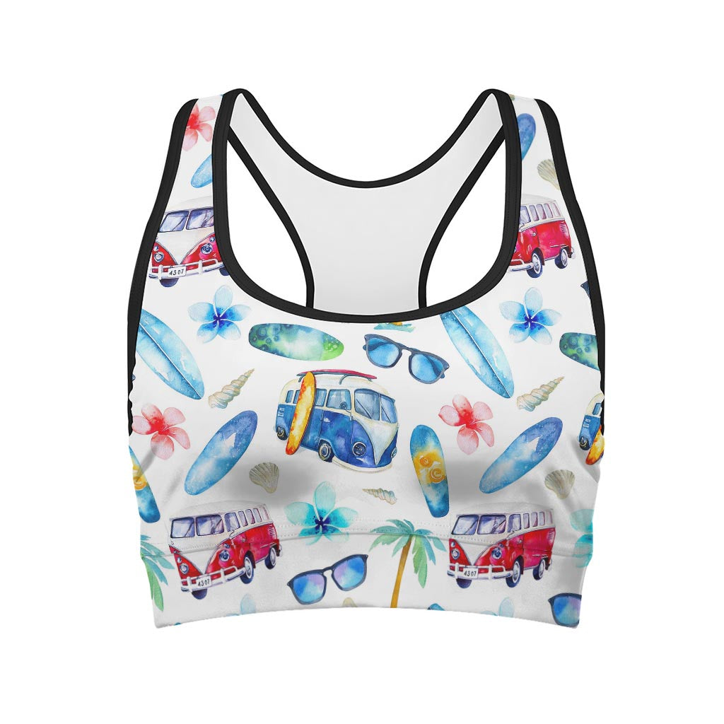 Watercolor Surfing Pattern Print Women's Sports Bra