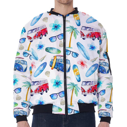 Watercolor Surfing Pattern Print Zip Sleeve Bomber Jacket