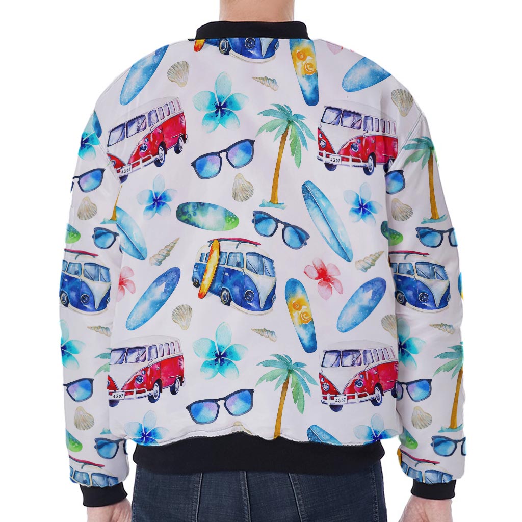 Watercolor Surfing Pattern Print Zip Sleeve Bomber Jacket