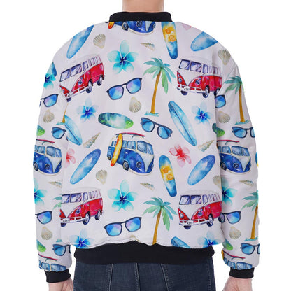 Watercolor Surfing Pattern Print Zip Sleeve Bomber Jacket