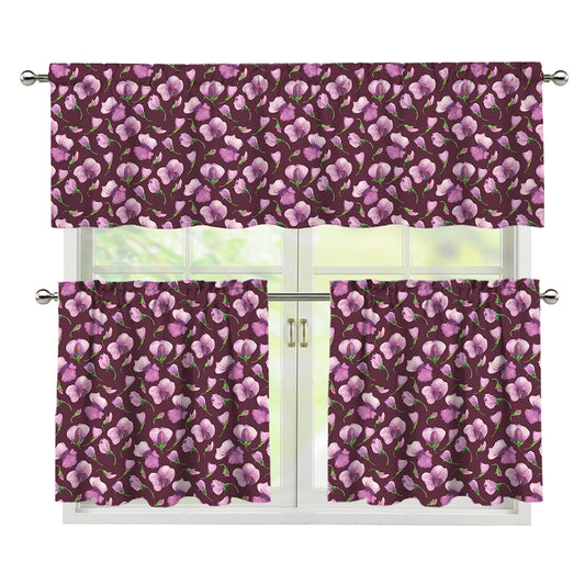 Watercolor Sweet Pea Pattern Print 3 Piece Kitchen Curtains