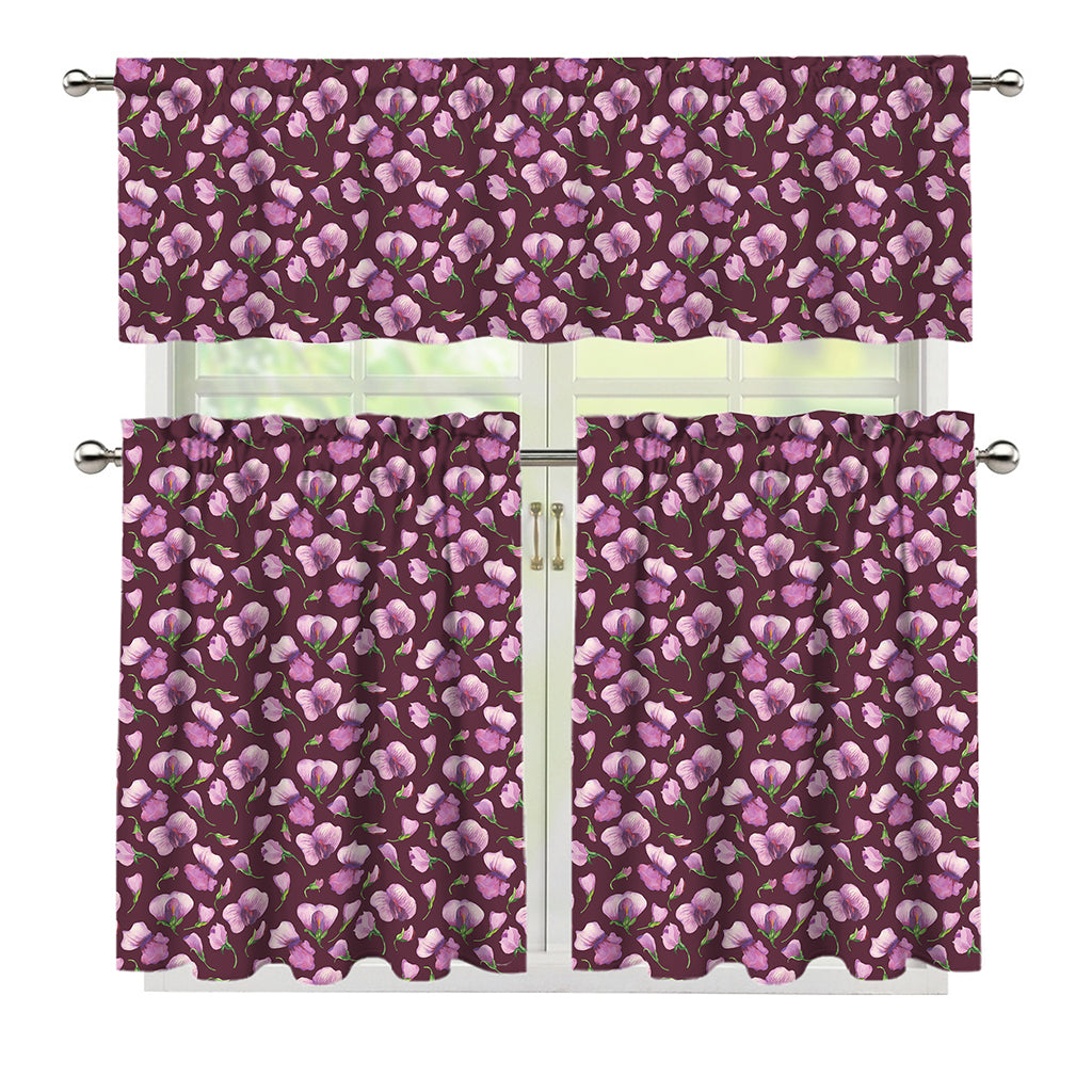 Watercolor Sweet Pea Pattern Print 3 Piece Kitchen Curtains