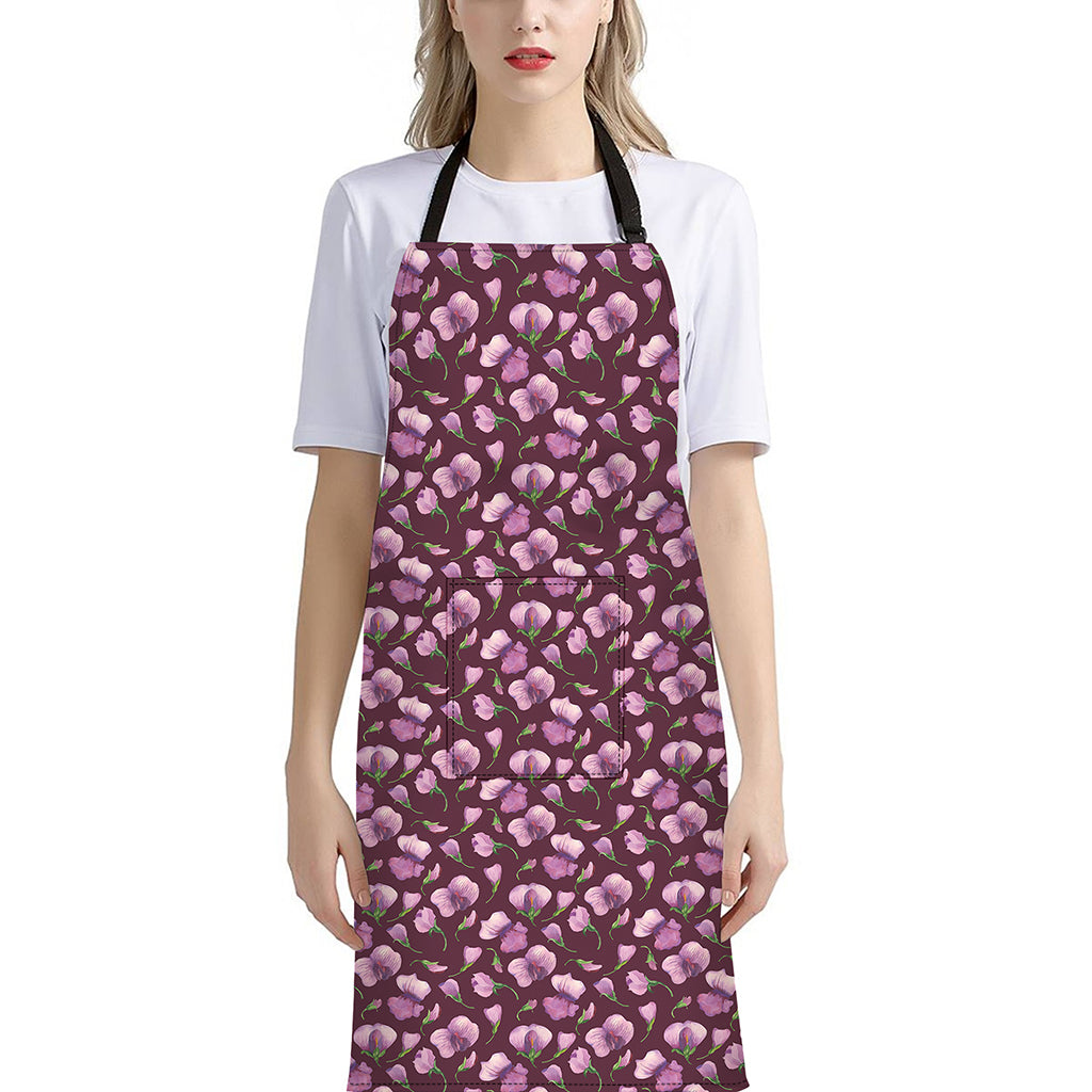 Watercolor Sweet Pea Pattern Print Bib Apron With Pocket