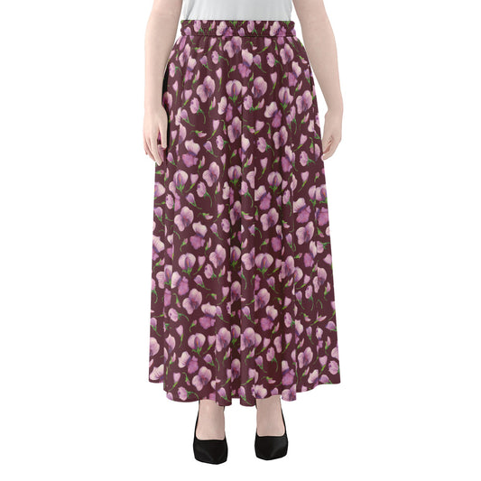 Watercolor Sweet Pea Pattern Print Chiffon Maxi Skirt
