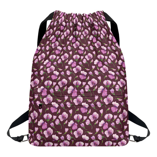 Watercolor Sweet Pea Pattern Print Drawstring Backpack