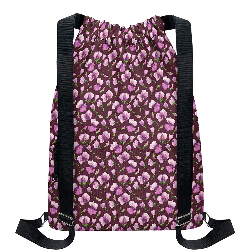 Watercolor Sweet Pea Pattern Print Drawstring Backpack
