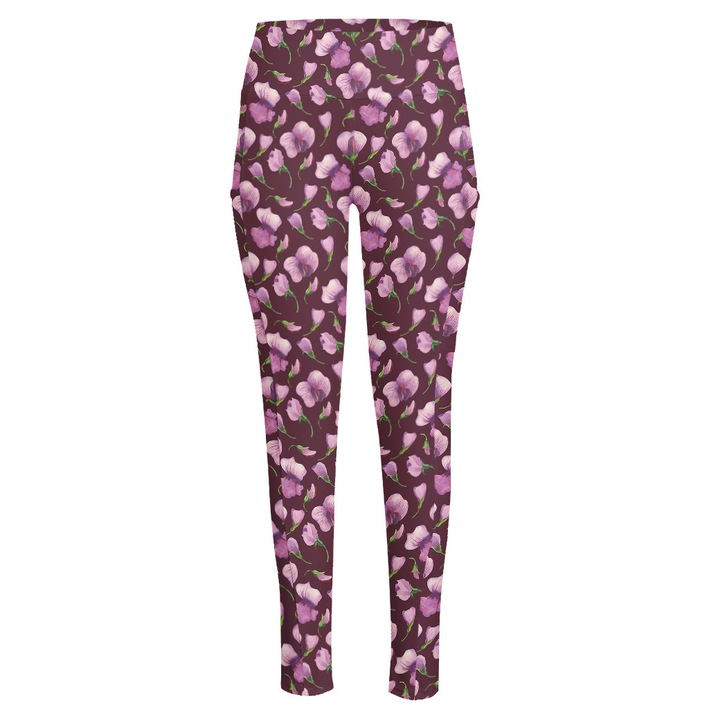 Watercolor Sweet Pea Pattern Print High-Waisted Pocket Leggings