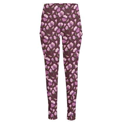 Watercolor Sweet Pea Pattern Print High-Waisted Pocket Leggings
