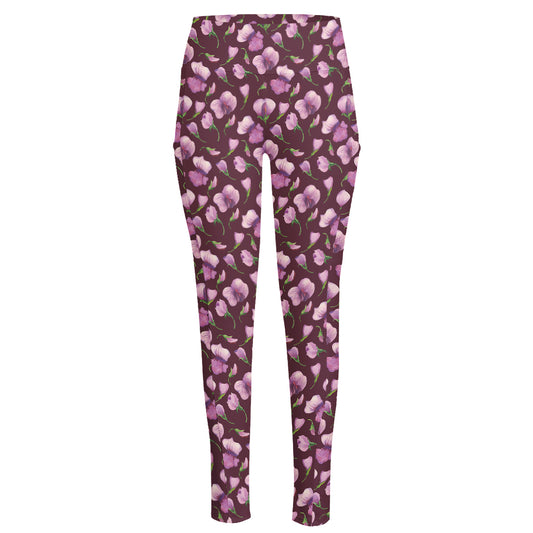 Watercolor Sweet Pea Pattern Print High-Waisted Pocket Leggings
