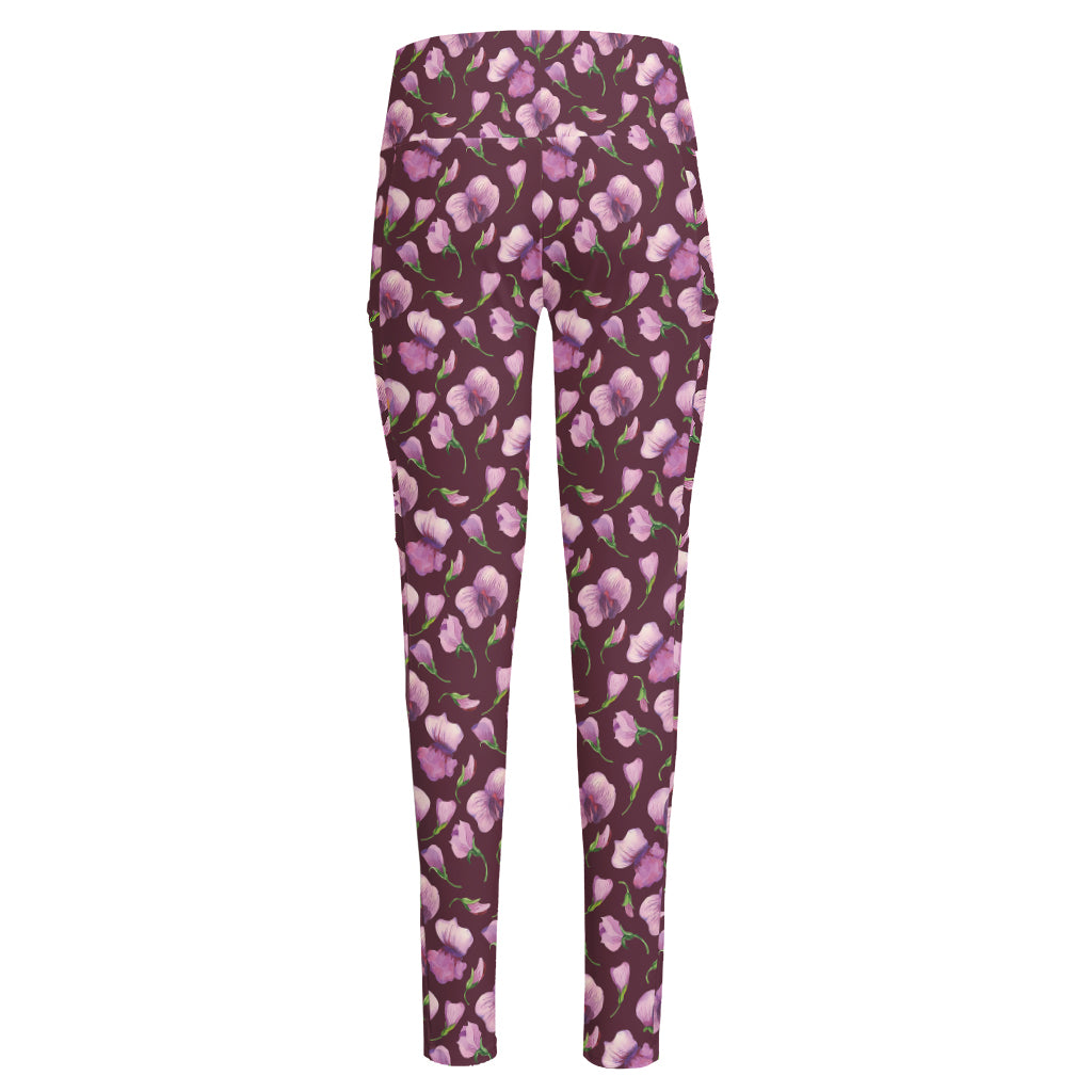 Watercolor Sweet Pea Pattern Print High-Waisted Pocket Leggings