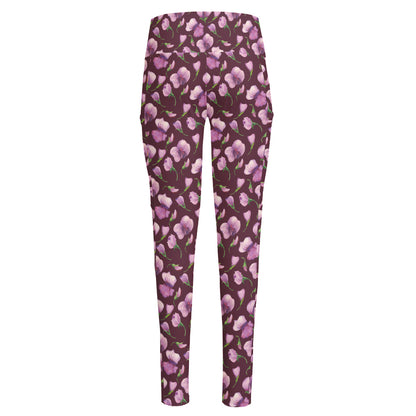 Watercolor Sweet Pea Pattern Print High-Waisted Pocket Leggings